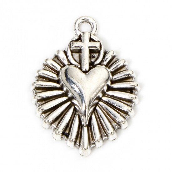 Picture of 20 PCs Zinc Based Alloy Religious Charms Antique Silver Color Ex Voto Heart Cross 24mm x 18mm