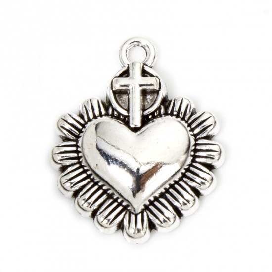 Picture of 20 PCs Zinc Based Alloy Religious Charms Antique Silver Color Ex Voto Heart Cross 22.5mm x 18mm