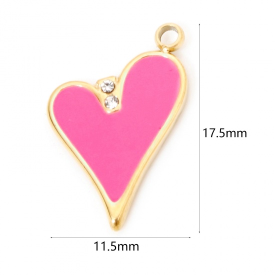 Image de 1 Pièce Breloques en 304 Acier Inoxydable Placage sous Vide La Saint Valentin Cœur Doré Rose Émail à Strass Transparent 17.5mm x 11.5mm