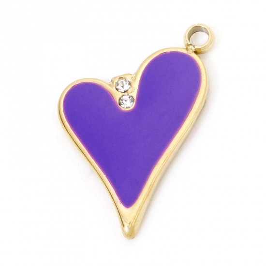 Image de 1 Pièce Breloques en 304 Acier Inoxydable Placage sous Vide La Saint Valentin Cœur Doré Violet Émail à Strass Transparent 17.5mm x 11.5mm