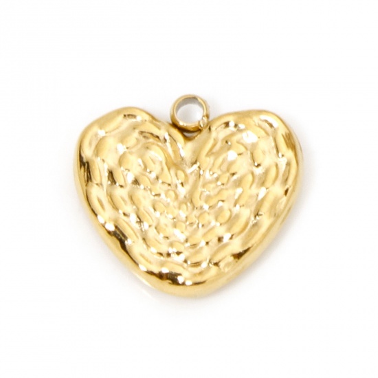 Picture of 1 Piece Vacuum Plating 304 Stainless Steel Hammered Charms Gold Plated Heart 11.5mm x 10.5mm