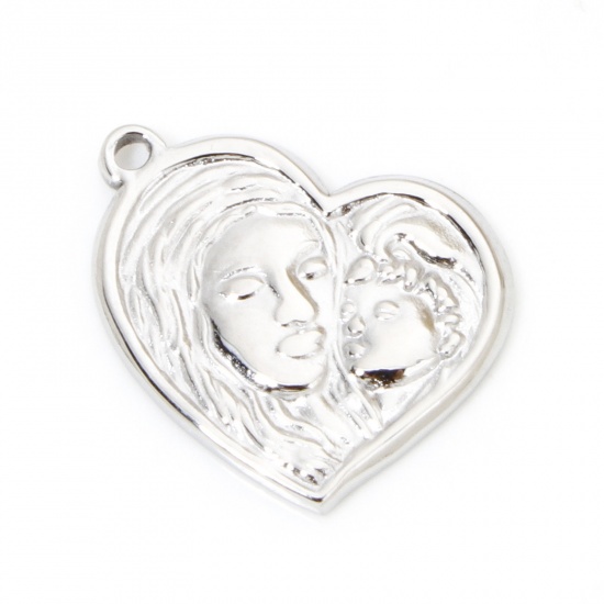 Picture of 1 Piece Eco-friendly 304 Stainless Steel Mother's Day Charms Silver Tone Heart Mother/ Mom 19mm x 15.5mm