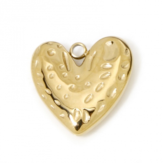 Picture of 1 Piece Vacuum Plating 304 Stainless Steel Hammered Charms Gold Plated Heart 14.5mm x 14.5mm