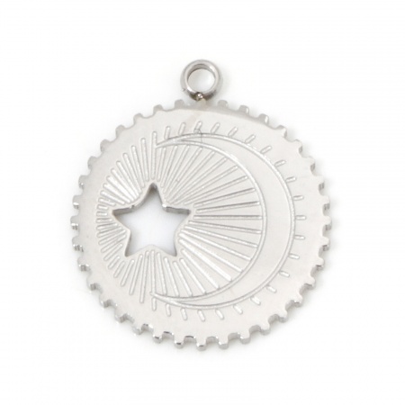 Picture of 1 Piece Eco-friendly 304 Stainless Steel Galaxy Disc Charms Silver Tone Pentagram Star Sun & Moon Hollow 17.5mm x 15mm