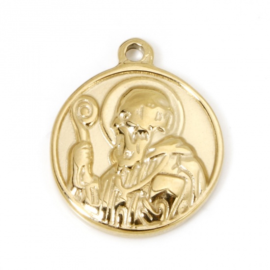 Immagine di 1 Pz Placcatura Sottovuoto 304 Acciaio Inossidabile Religione Ciondoli Tondo Oro Placcato Medaglia di San Benedetto 21.5mm x 18mm