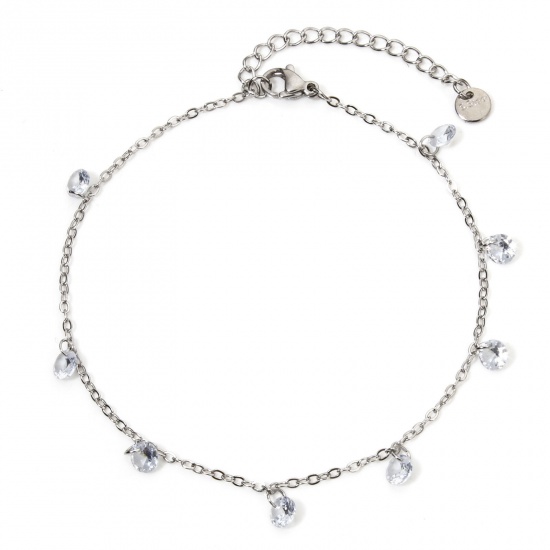 Picture of 1 Piece 304 Stainless Steel Link Cable Chain Anklet Silver Tone Clear Rhinestone 22cm(8.7") long