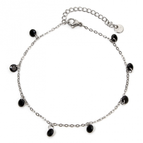 Picture of 1 Piece 304 Stainless Steel Link Cable Chain Anklet Silver Tone Black Rhinestone 22cm(8.7") long