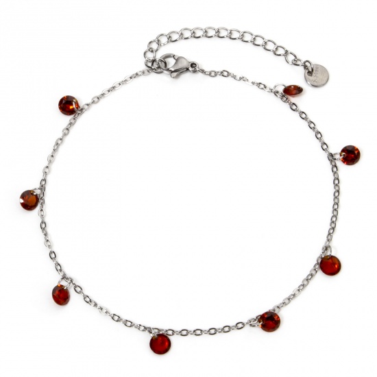 Picture of 1 Piece 304 Stainless Steel Link Cable Chain Anklet Silver Tone Wine Red Rhinestone 22cm(8.7") long