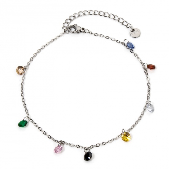 Picture of 1 Piece 304 Stainless Steel Link Cable Chain Anklet Silver Tone Multicolor Rhinestone 22cm(8.7") long