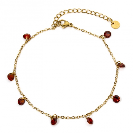 Picture of 1 Piece Vacuum Plating 304 Stainless Steel Link Cable Chain Anklet 18K Gold Plated Wine Red Rhinestone 22cm(8.7") long