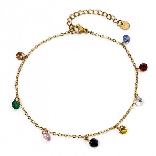 Picture of 1 Piece Vacuum Plating 304 Stainless Steel Link Cable Chain Anklet 18K Gold Plated Multicolor Rhinestone 22cm(8.7") long