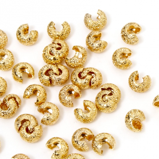 Picture of 20 PCs Eco-friendly Brass Knot Cover Crimp Beads For DIY Jewelry Making Findings C Shape Sparkledust 18K Real Gold Plated Open 5mm Dia., Overall Closed Size: 4mm Dia.