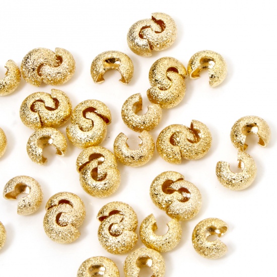 Picture of 20 PCs Eco-friendly Brass Knot Cover Crimp Beads For DIY Jewelry Making Findings C Shape Sparkledust 18K Real Gold Plated Open 6mm Dia., Overall Closed Size: 5mm Dia.