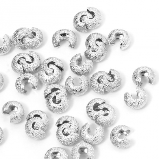 Picture of 20 PCs Eco-friendly Brass Knot Cover Crimp Beads For DIY Jewelry Making Findings C Shape Sparkledust Real Platinum Plated Open 6mm Dia., Overall Closed Size: 5mm Dia.