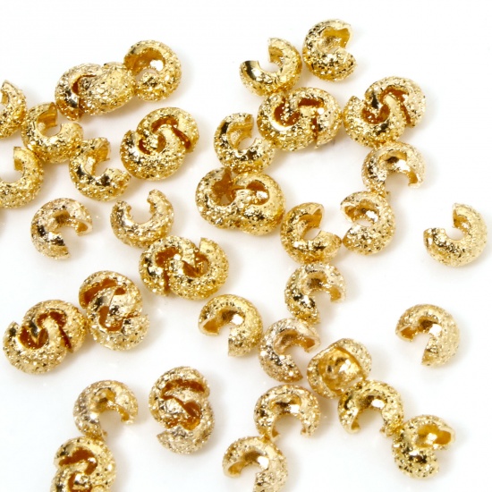 Picture of 20 PCs Eco-friendly Brass Knot Cover Crimp Beads For DIY Jewelry Making Findings C Shape Sparkledust 18K Real Gold Plated Open 4mm Dia., Overall Closed Size: 3mm Dia.