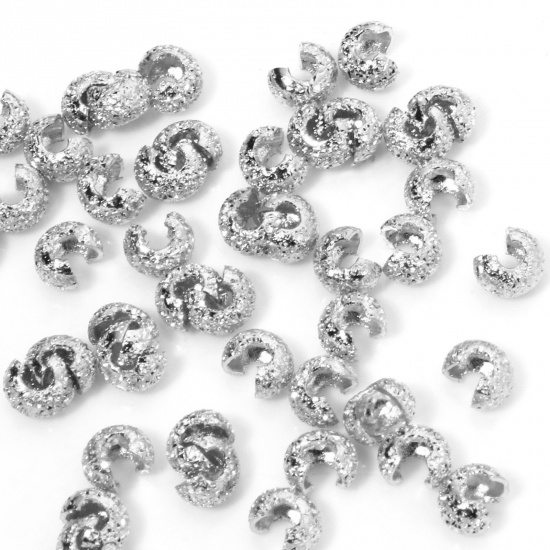 Picture of 20 PCs Eco-friendly Brass Knot Cover Crimp Beads For DIY Jewelry Making Findings C Shape Sparkledust Real Platinum Plated Open 4mm Dia., Overall Closed Size: 3mm Dia.