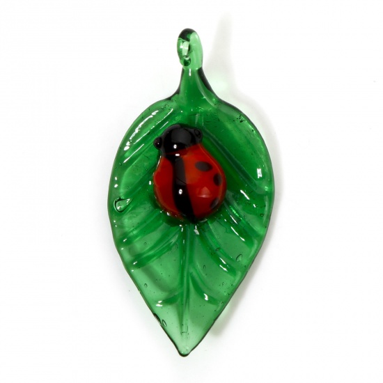 Picture of 1 Piece Lampwork Glass Insect Pendants Green Leaf Ladybird 3D 5cm x 2.4cm