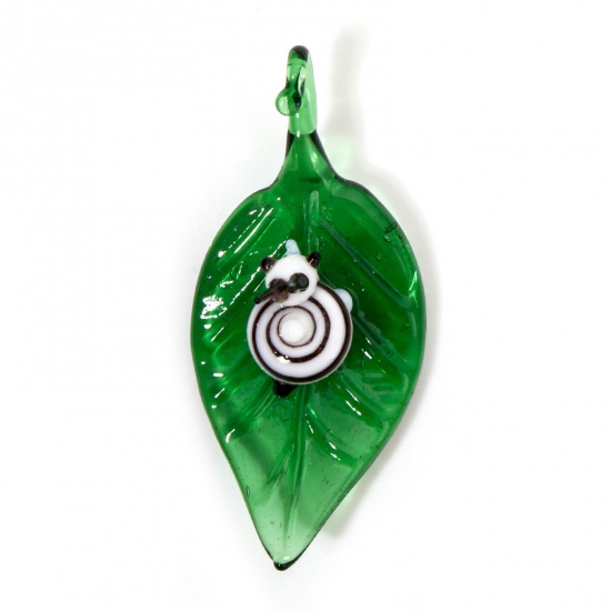 Picture of 1 Piece Lampwork Glass Insect Pendants Green Leaf Snail 3D 5cm x 2.4cm