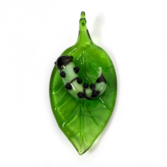 Picture of 1 Piece Lampwork Glass Insect Pendants Green Caterpillar Leaf 3D 5cm x 2.4cm