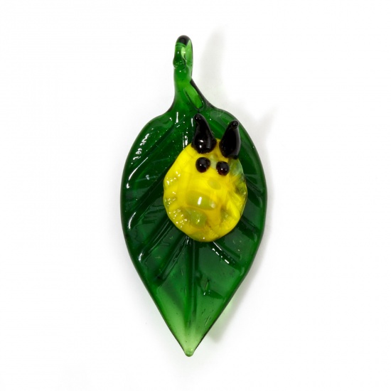 Picture of 1 Piece Lampwork Glass Insect Pendants Green Leaf Insect 3D 5cm x 2.4cm