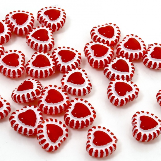 Picture of 100 PCs Acrylic Valentine's Day Beads For DIY Jewelry Making Red Opaque Heart About 7mm x 6mm, Hole: Approx 1.2mm