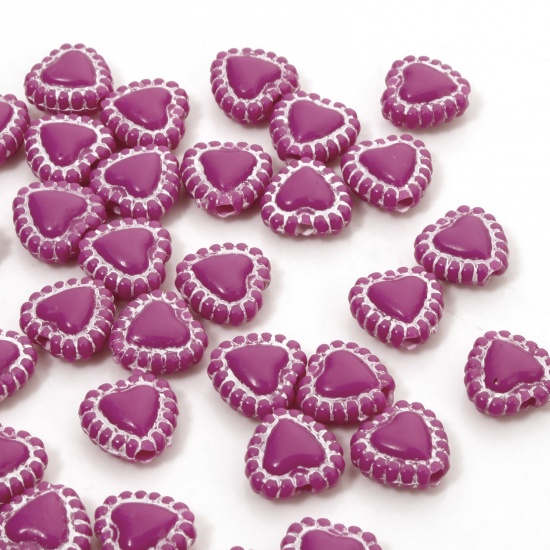 Picture of 100 PCs Acrylic Valentine's Day Beads For DIY Jewelry Making Fuchsia Opaque Heart About 7mm x 6mm, Hole: Approx 1.2mm