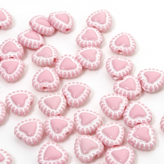 Picture of 100 PCs Acrylic Valentine's Day Beads For DIY Jewelry Making Pink Opaque Heart About 7mm x 6mm, Hole: Approx 1.2mm