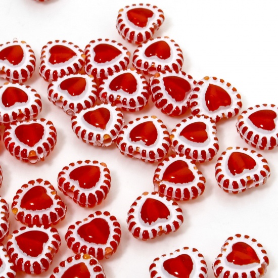 Picture of 100 PCs Acrylic Valentine's Day Beads For DIY Jewelry Making Red Transparent Heart About 7mm x 6mm, Hole: Approx 1.2mm