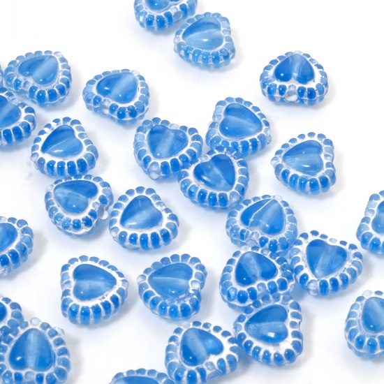 Picture of 100 PCs Acrylic Valentine's Day Beads For DIY Jewelry Making Blue Transparent Heart About 7mm x 6mm, Hole: Approx 1.2mm