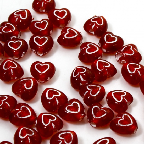 Picture of 100 PCs Acrylic Valentine's Day Beads For DIY Jewelry Making Dark Red Transparent Heart About 7mm x 6mm, Hole: Approx 1.4mm