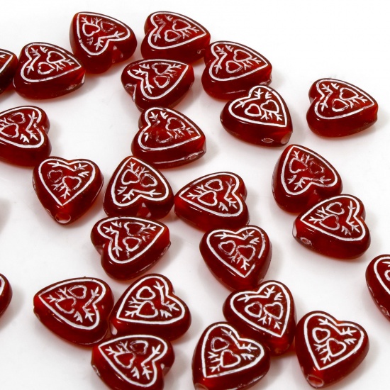 Picture of 100 PCs Acrylic Valentine's Day Beads For DIY Jewelry Making Wine Red Heart About 8mm x 8mm, Hole: Approx 1.4mm