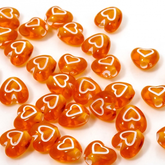 Picture of 100 PCs Acrylic Valentine's Day Beads For DIY Jewelry Making Orange Transparent Heart About 7mm x 6mm, Hole: Approx 1.4mm