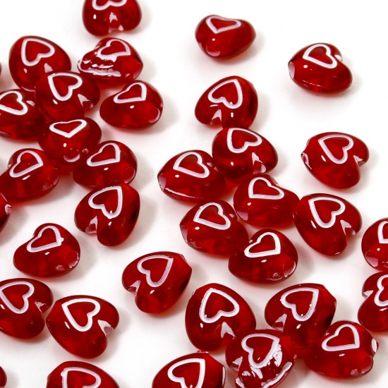 Picture of 100 PCs Acrylic Valentine's Day Beads For DIY Jewelry Making Red Transparent Heart About 7mm x 6mm, Hole: Approx 1.4mm