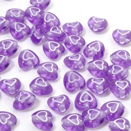 Picture of 100 PCs Acrylic Valentine's Day Beads For DIY Jewelry Making Purple Transparent Heart About 7mm x 6mm, Hole: Approx 1.4mm