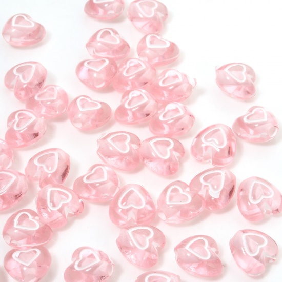 Picture of 100 PCs Acrylic Valentine's Day Beads For DIY Jewelry Making Light Pink Transparent Heart About 7mm x 6mm, Hole: Approx 1.4mm