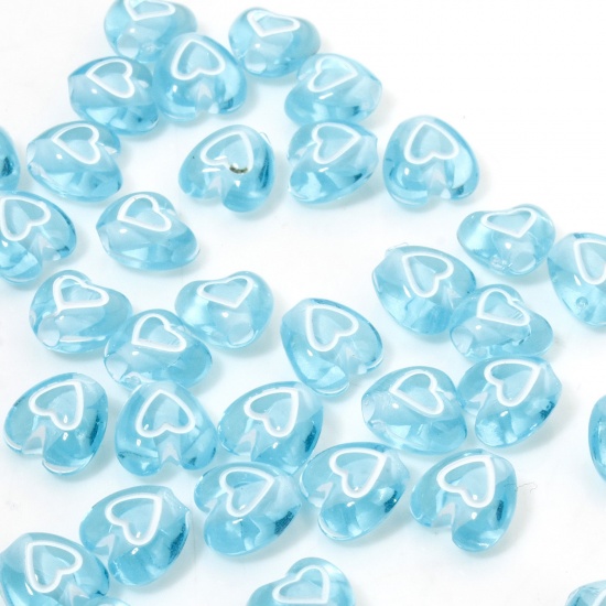 Picture of 100 PCs Acrylic Valentine's Day Beads For DIY Jewelry Making Light Blue Transparent Heart About 7mm x 6mm, Hole: Approx 1.4mm