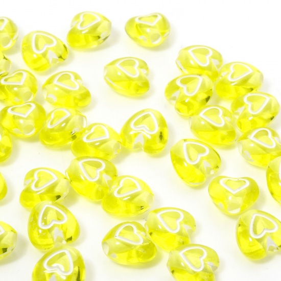 Picture of 100 PCs Acrylic Valentine's Day Beads For DIY Jewelry Making Yellow Transparent Heart About 7mm x 6mm, Hole: Approx 1.4mm