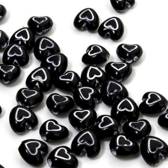 Picture of 100 PCs Acrylic Valentine's Day Beads For DIY Jewelry Making Black Opaque Heart About 7mm x 6mm, Hole: Approx 1.4mm