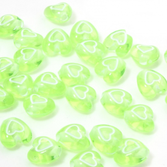 Picture of 100 PCs Acrylic Valentine's Day Beads For DIY Jewelry Making Green Transparent Heart About 7mm x 6mm, Hole: Approx 1.4mm