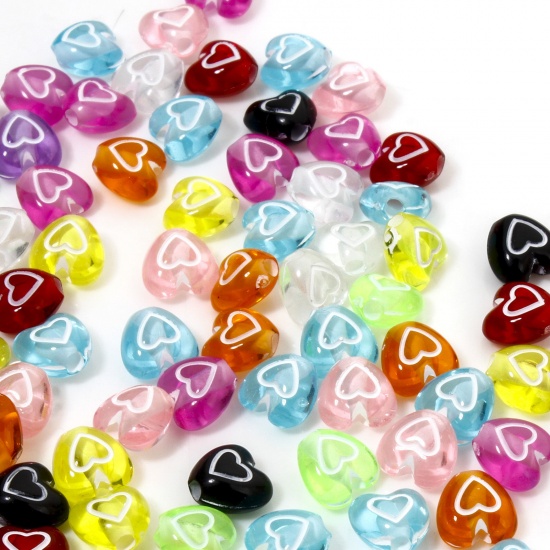 Picture of 100 PCs Acrylic Valentine's Day Beads For DIY Jewelry Making At Random Mixed Color Transparent Heart About 7mm x 6mm, Hole: Approx 1.4mm