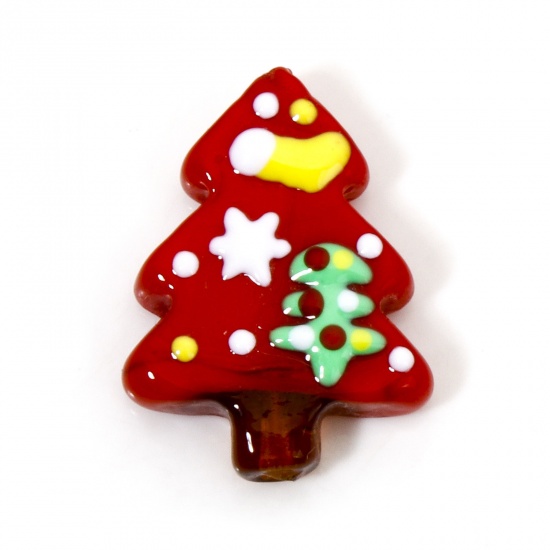 Picture of 1 Piece Lampwork Glass Beads For DIY Jewelry Making Christmas Tree Red 3D About 26mm x 20mm, Hole: Approx 1.8mm