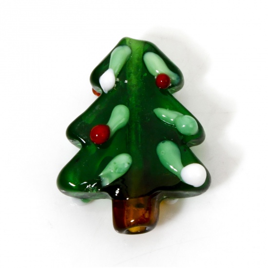 Picture of 1 Piece Lampwork Glass Beads For DIY Jewelry Making Christmas Tree Green 3D About 26mm x 20mm, Hole: Approx 1.8mm