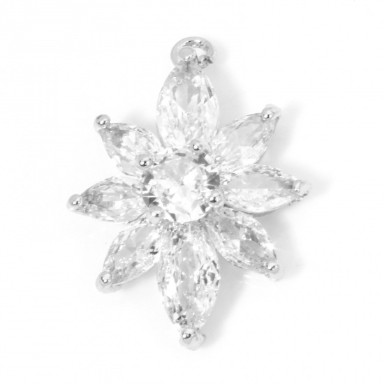 Picture of 1 Piece Eco-friendly Brass Charms Real Platinum Plated Flower Clear Rhinestone 21mm x 16mm