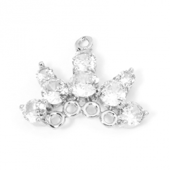 Picture of 1 Piece Eco-friendly Brass Charms Real Platinum Plated Crown Clear Rhinestone 21mm x 17mm