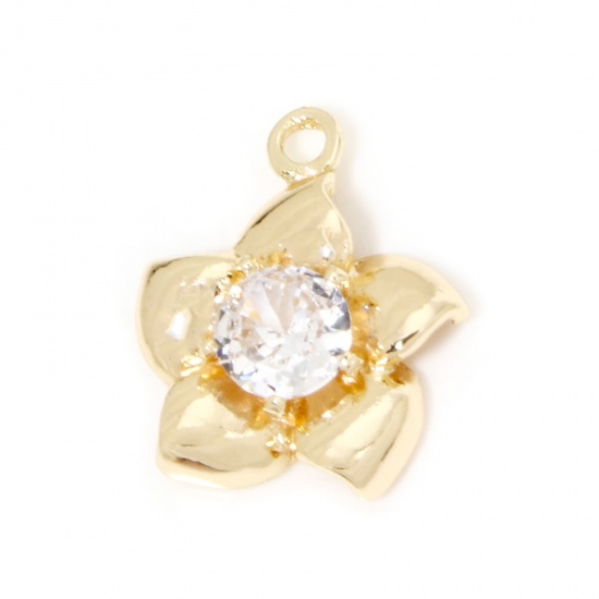 Picture of 2 PCs Eco-friendly Brass Charms 18K Real Gold Plated Flower Clear Rhinestone 18mm x 15mm