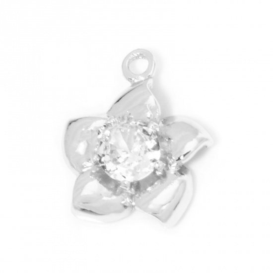 Picture of 2 PCs Eco-friendly Brass Charms Real Platinum Plated Flower Clear Rhinestone 18mm x 15mm