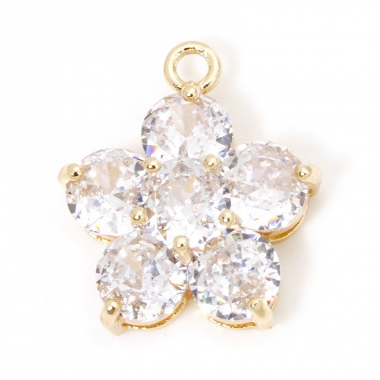 Picture of 1 Piece Eco-friendly Brass Charms 18K Real Gold Plated Flower Clear Rhinestone 20mm x 17mm