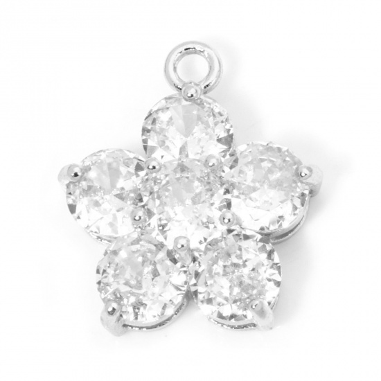 Picture of 1 Piece Eco-friendly Brass Charms Real Platinum Plated Flower Clear Rhinestone 20mm x 17mm