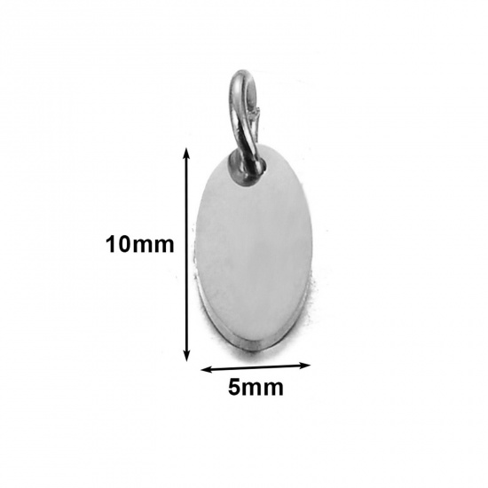 Picture of 5 PCs 304 Stainless Steel Blank Stamping Tags Charms Oval Silver Tone Double-sided Polishing 5mm x 10mm