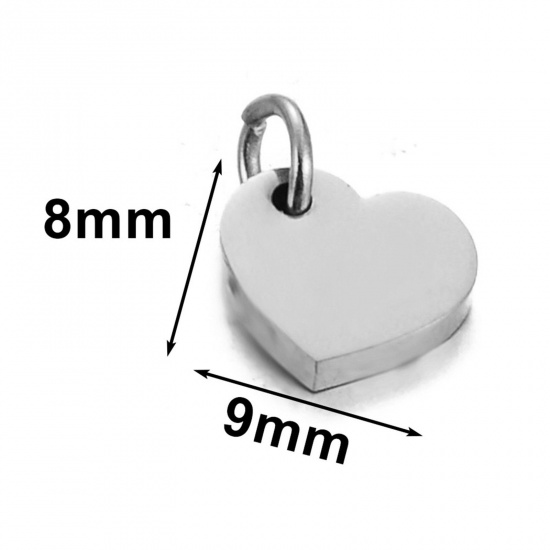 Picture of 5 PCs 304 Stainless Steel Blank Stamping Tags Charms Heart Silver Tone Double-sided Polishing 8mm x 9mm